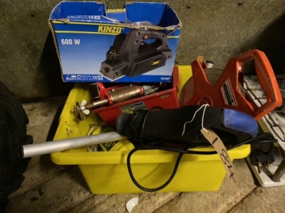 box lot of measuring tapes, drill bits, tools etc