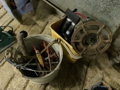 Job lot of Buckets of Tools bolts etc & tub of Oil Burner etc