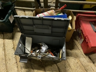 Job lot of Tool box with some tools, empty tool box, box lot of painting items & spray tins