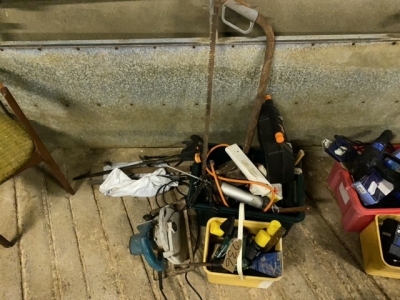 job lot of Bow saw, circular Saw & Stray Tins Etc