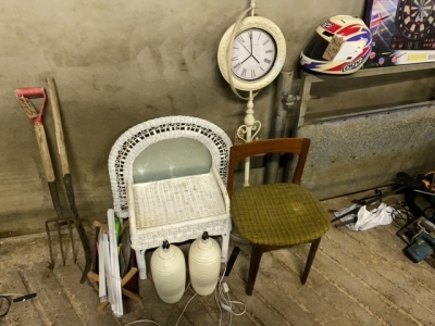 Old Chair, 2 Lamps, Clock on stand & mirror