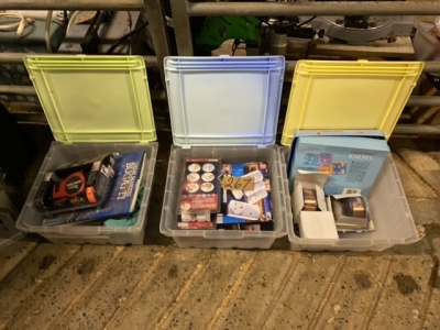 Black and Decker auto tape, 3 plastic tubs with lids with books and copper welding wire
