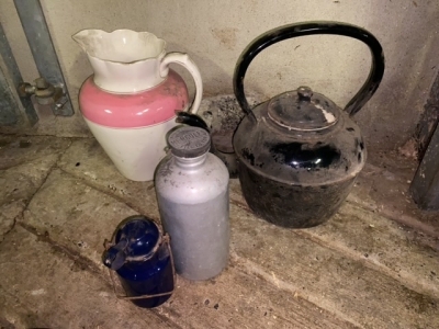 Job lot of old kettle, jug + 2 old time bottles
