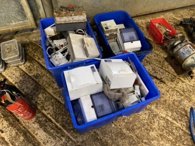 Job lot of electric boxes, switches + RCD, 240 industrial plugs etc