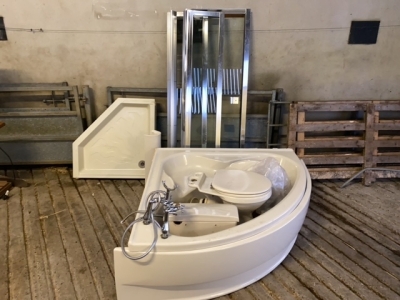 Cream bathroom suite, sink, shower, toilet ,bath