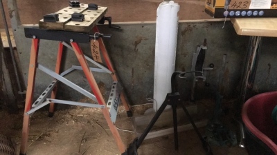 Box lot work bench, drill stands, heater, graiter stand