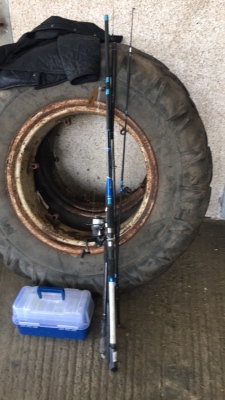 Fishing rods and box of hooks etc
