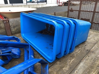 4 blue plastic bins