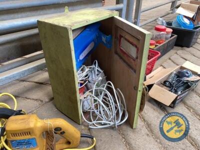 Wooden electric metre box with phone cable etc