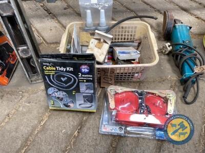 Job lot of new ratchet straps, cable tidy kit, mower blades, etc