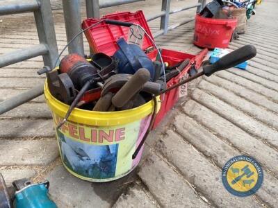 Bucket of hand tools, oil cans, etc