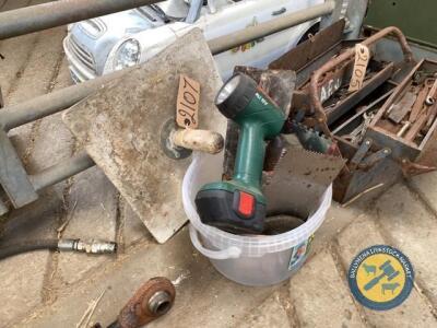 Bucket of plastering tools & Bosch 12v torch