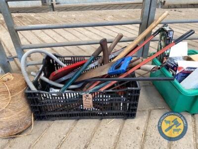 Box of garden tools, handsaw, bow saw & spirit level