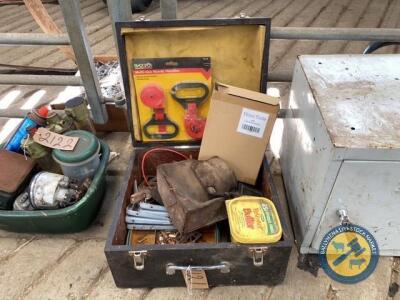 Wooden box of brackets, electric screwdriver, wood plain, etc