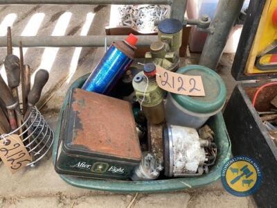 Box of filters, butane gas, fuel, gages off tractors
