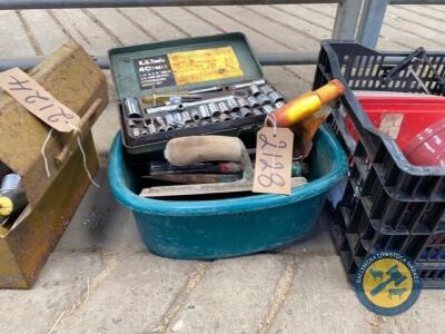 Box lot of socket set, soil cutter, plastering troul