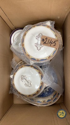 Boxes of china & silver serving dish