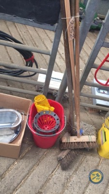 Mop bucket, mop, deck scrubber & 2 x brushes
