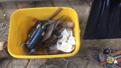 Box of plastering trouls, tape measure, 2 x flower baskets