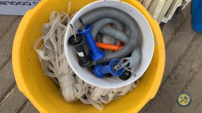 52 x electric fence posts, tub of electric fence wire and bucket of springs