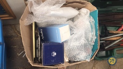 Box lot of Aynsley china, picture frames, glass plate, etc