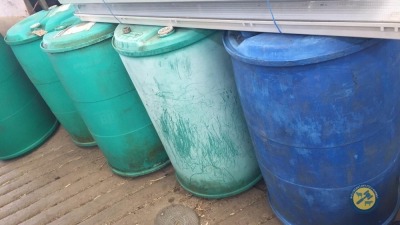 3 x green, 1 x blue 45gln barrels