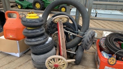 Job lot bike tyres, tubes and toy bike, plastic wheels