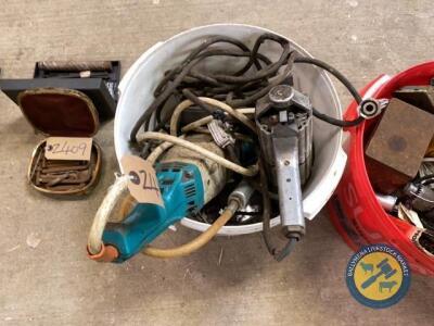 Box lot of grinder, impact gun and drill