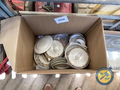Box of china & silver serving dish