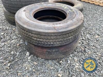 2 x 10R-17.5, 1 new, 60% tread tyres