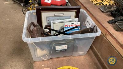 Box lot of extension lead, grease gun & pictures