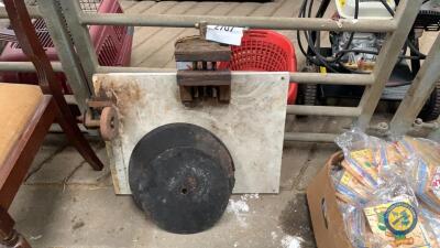 Work bench with vice grindstone & cuttings discs