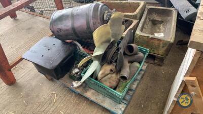 Pallet of Volvo FL10 engine parts new pistons, injector pump, water hoses, fan blades etc