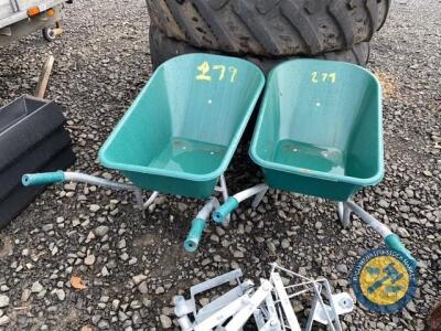 2 x green plastic wheel barrows