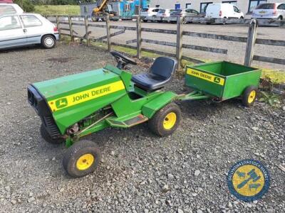 Ride on John Deere kids tractor & trailer, petrol drive, recently serviced, with key