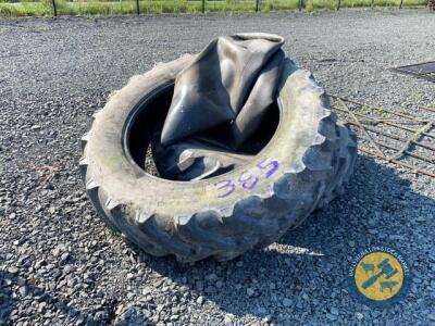 2 x tractor tyres & tubes 16.9-38 one tyre small cut in side wall, 40% thread