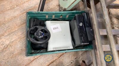 Box lot of Xobx, steering wheel etc