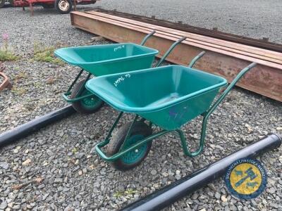 2 x green wheel barrows