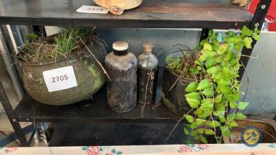 2 x flower pots & glass bottle