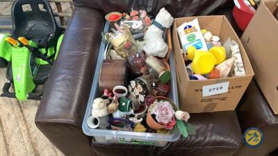 Box lot of clocks, dog etc