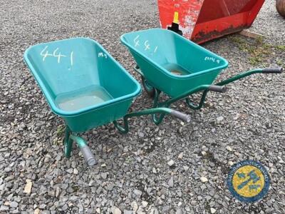 2x green wheelbarrows