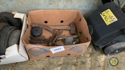 Box lot of hedge trimmer, sledge hammer etc