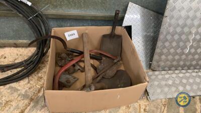 Box lot of shovels & ball hitches