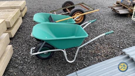 2x 120L plastic wheelbarrows & scrapper