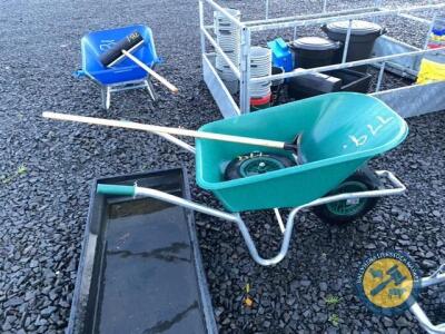 Green wheelbarrow with spare wheel & scraper
