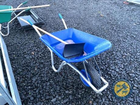 Blue wheelbarrow with scraper